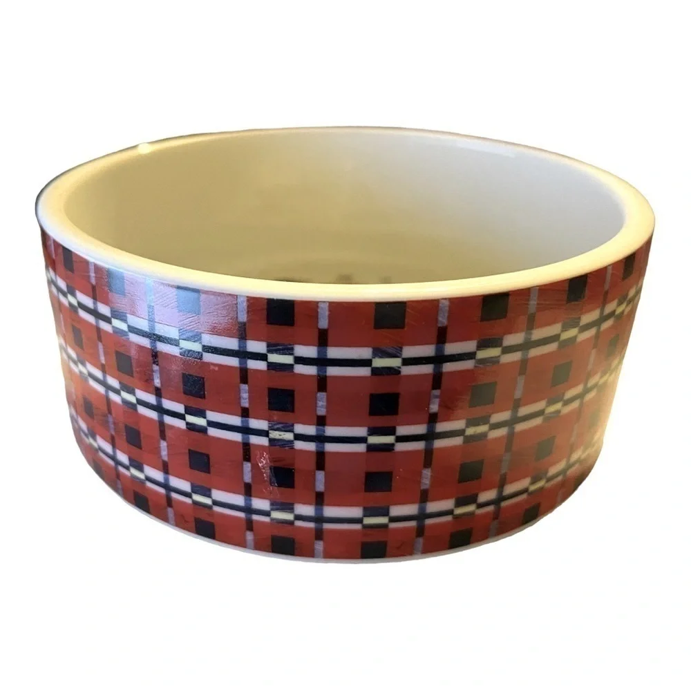 DESIGNER Christmas porcelain dog bowl plaid outside, dogs in scarves inside.